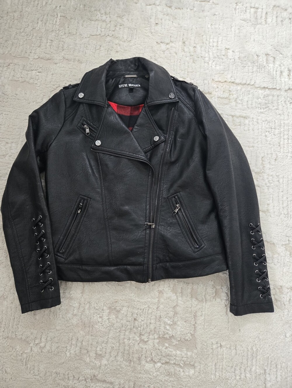 Steve Madden Black Faux Leather Lace-Up Sleeve Moto Jacket